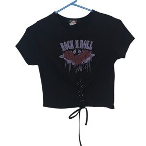 Posh Posh Black Rock N Roll Crop Top Lace Up Short Sleeve Ribbed